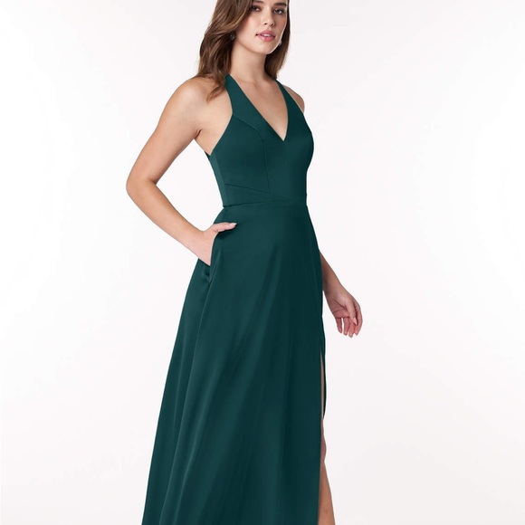 NWT! Azazie Ceria A-Line V-Neck Stretch Satin Floor Length- Pine,Size A10 - Picture 4 of 9